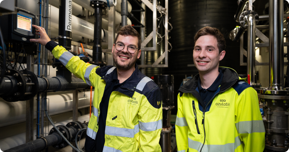 Twee jonge mannen in gele veiligheidsjassen met reflecterende strepen staan in een industriële omgeving vol leidingen en machines. De man links, met een bril en lichte baard, bedient een digitaal bedieningspaneel en lacht naar de camera. De man rechts, met kort bruin haar, glimlacht terwijl hij naar voren kijkt. Beiden dragen jassen met het logo van "azulatis".
